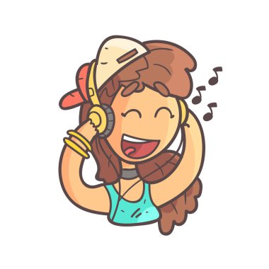 Cap, gerdanlık ve mavi en iyi müzik elle çizilmiş Emoji soğumaya dinleme kız portre özetlenen