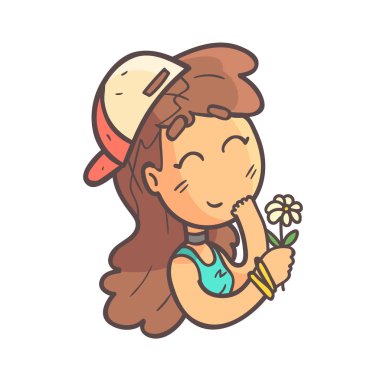 Karşılama çizilmiş Emoji serin El Cap, gerdanlık ve mavi Top bir çiçek kız portre özetlenen