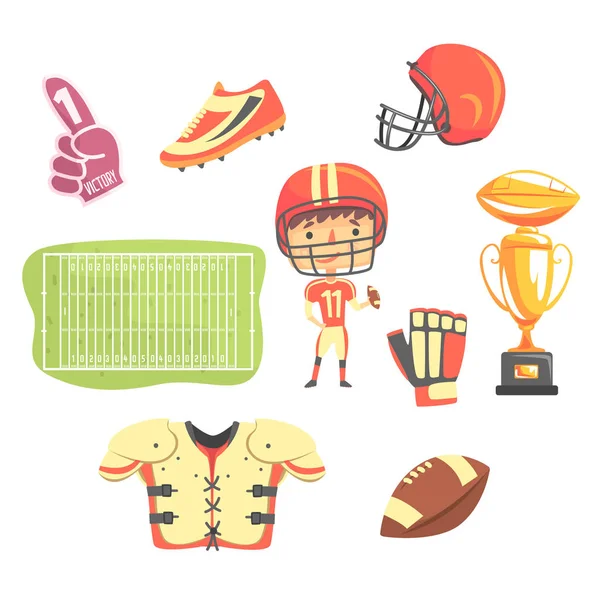 Boy American Football Player, Crianças Futuro Sonho Profissional Ocupação Ilustração Com Relacionado Com Objetos Profissão —  Vetores de Stock