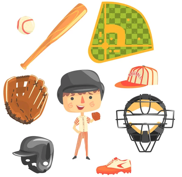 Niño jugador de béisbol, Niños Sueño futuro Ocupación Profesional Ilustración con relacionados con objetos de profesión — Vector de stock