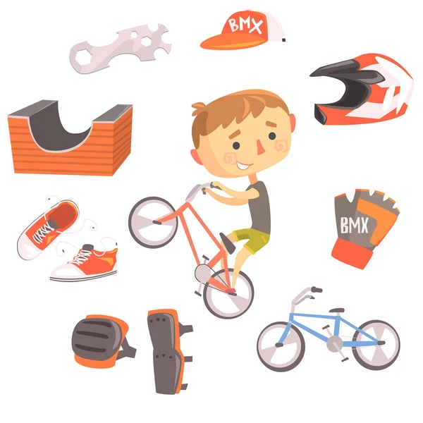 Niño BMX Bike Rider, Niños Sueño futuro Ocupación Profesional Ilustración con relacionados con objetos de profesión — Vector de stock