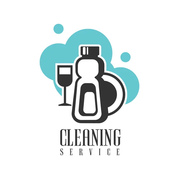 House And Office Cleaning Service Hire Logo Template With Dishes And Chemicals For Professional Cleaners Help For The Housekeeping — Stock Vector