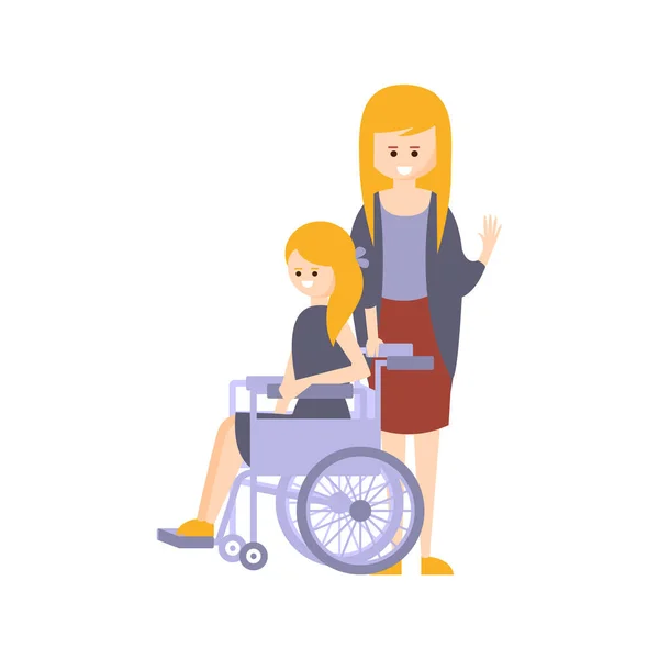 Bedensel Engelli kişi kız tekerlekli sandalye ve annesi gülümseyerek ile sakatlık illüstrasyon tam mutlu yaşam — Stok Vektör