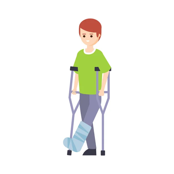 Fysiskt handikappade personen lever fullt lyckligt liv med funktionshinder Illustration med leende kille med brutet ben på Crouches — Stock vektor
