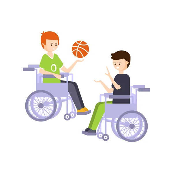 Persona con discapacidad física que vive una vida feliz con discapacidad Ilustración con chicos sonrientes en sillas de ruedas jugando baloncesto — Archivo Imágenes Vectoriales