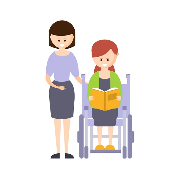 Pessoa com deficiência física vivendo plena vida feliz com deficiência ilustração com menina sorridente em livro de leitura de cadeira de rodas — Vetor de Stock