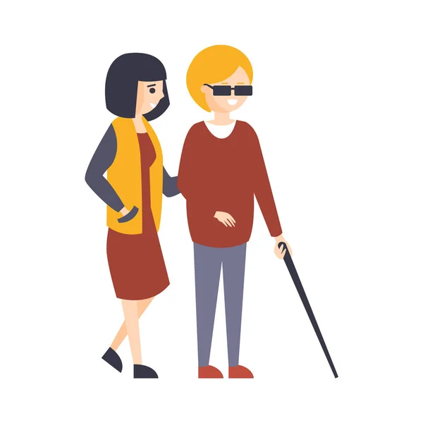 Secara fisik orang yang cacat, hidup bahagia penuh dengan kecacatan, ilustrasi dengan wanita buta tersenyum berjalan dengan teman - Stok Vektor