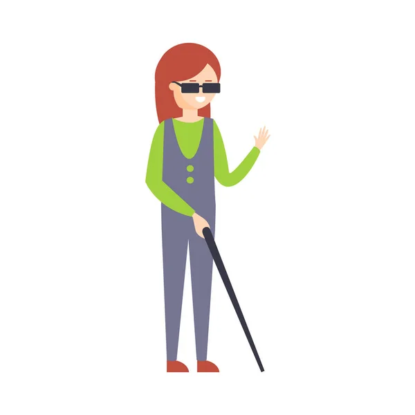 Handicapés Physiques Vivre Pleine Vie Heureuse Avec Handicap Illustration Avec Sourire Femme Blnd Avec Bâton — Image vectorielle