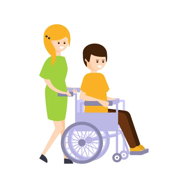 Pessoa fisicamente deficiente vivendo plena vida feliz com deficiência ilustração com sorridente menina rolando um cara em cadeira de rodas — Vetor de Stock