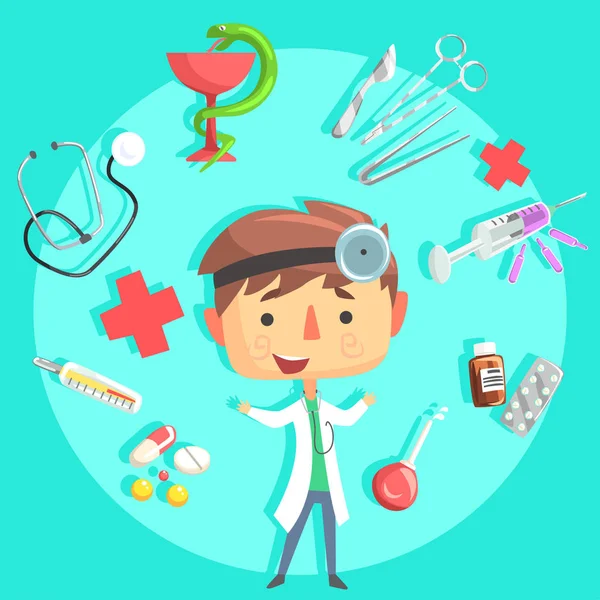 Boy Doctor, Kids Future Dream Professional Occupation Illustration With Related To Profession Objects — Stock Vector