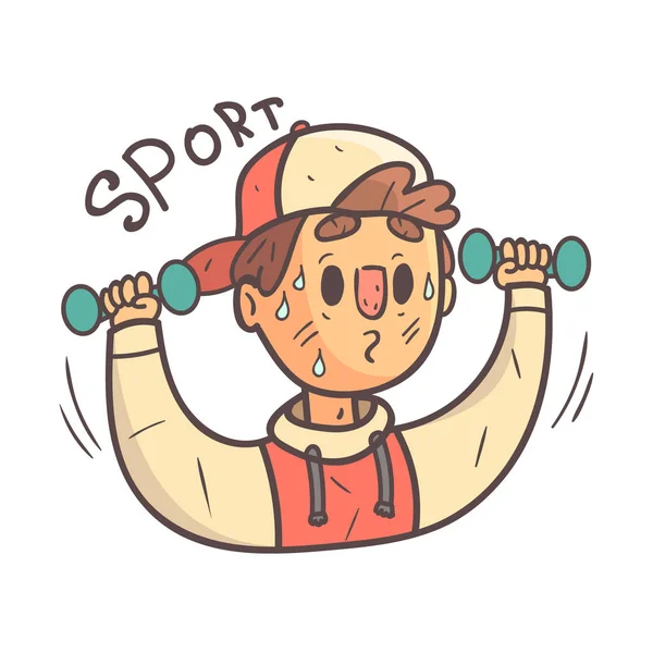 Ćwicząc w siłowni chłopiec w Cap i kolegium kurtka ręcznie rysowane Emoji fajne opisane portret — Wektor stockowy