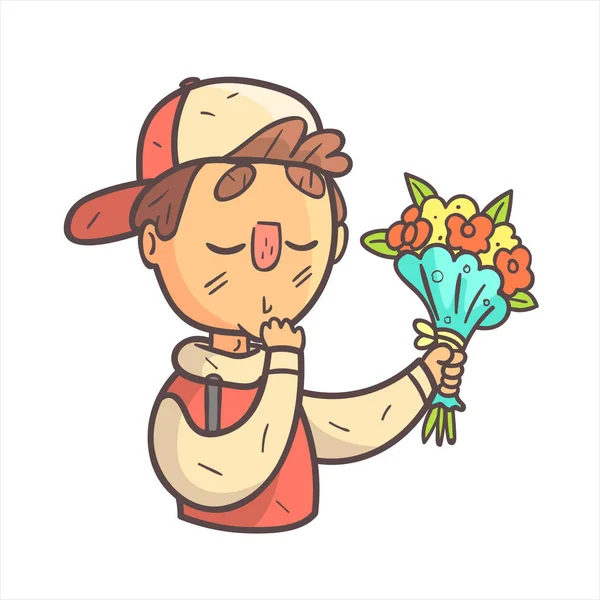 Boy In Cap gevoel verlegen geven bloemen en College Jacket Hand getekende Emoji Cool geschetst portret — Stockvector