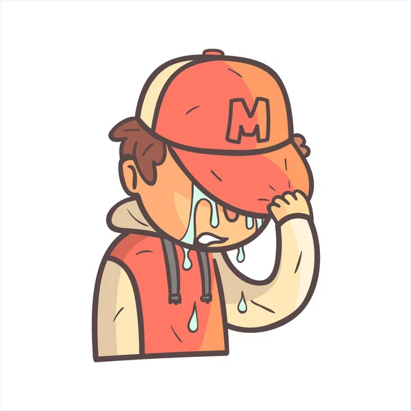 Weinen bedeckt Gesicht Junge in Mütze und College-Jacke handgezeichnete Emojis cool umrissenes Porträt — Stockvektor