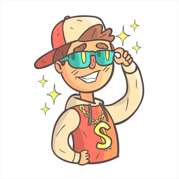 Garçon populaire en chapeau et veste de collège dessiné à la main Emoji Cool Outlined Portrait — Image vectorielle