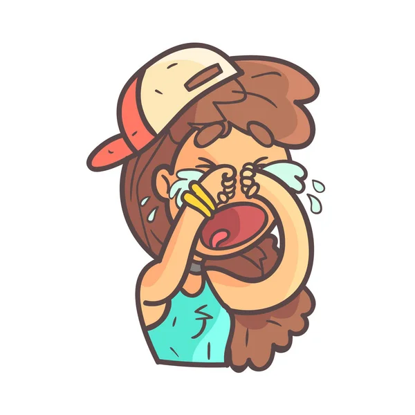 Crying Out Loud Girl in Cap, Choker et bleu main supérieure dessiné Emoji cool portrait esquissé — Image vectorielle