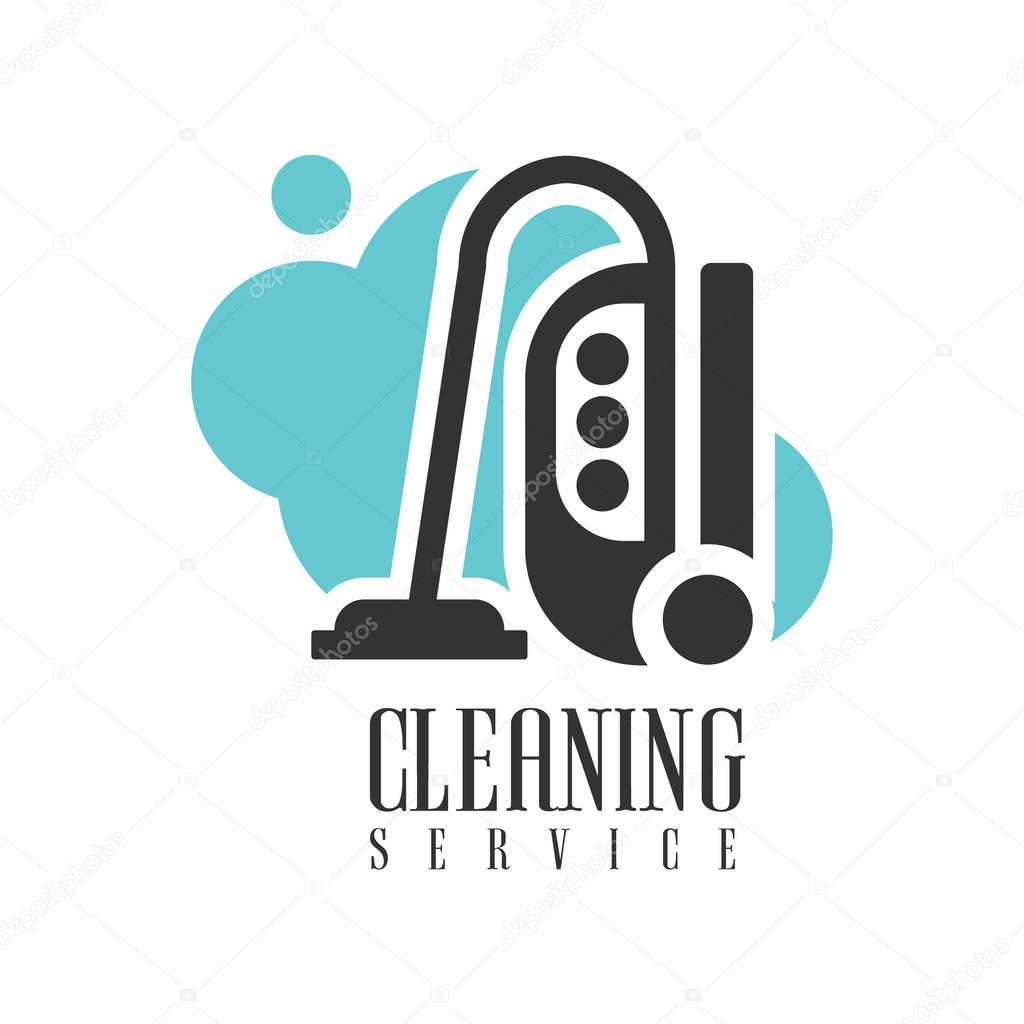 House And Office Cleaning Service Hire Logo Template With Vacuum Cleaner For Professional Cleaners Help For The Housekeeping.Vector Label In Blue And Black Color With Cleanup Elements.