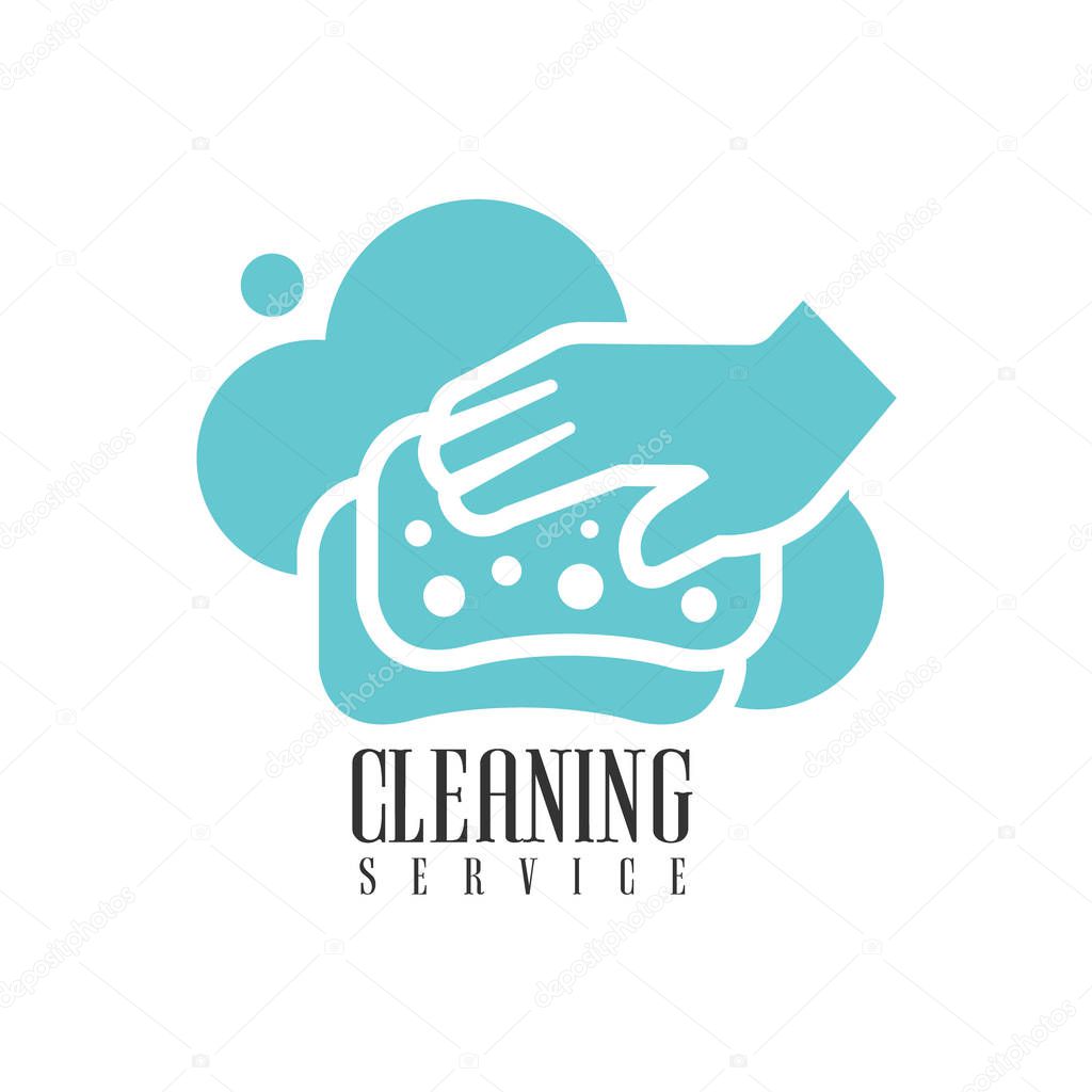 House And Office Cleaning Service Hire Logo Template With Hand And Sponge For Professional Cleaners Help For The Housekeeping.Vector Label In Blue And White Color With Cleanup Elements.