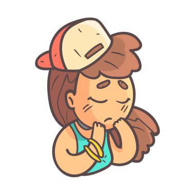 Cap, gerdanlık ve mavi en iyi el çekilmiş Emoji Cool üzgün kız portre özetlenen