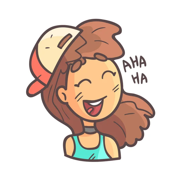 Chica riendo en gorra, estrangulador y azul superior dibujado a mano Emoji fresco retrato perfilado — Vector de stock