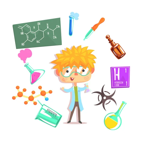 Boy Chemist, Kids Future Dream Ocupación Profesional Ilustración con Relacionado con Objetos de Profesión — Vector de stock