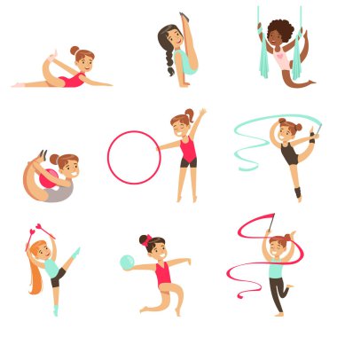 Little Girls Doing Gymnastics And Acrobatics Exercises In Class Set Of Future Sports Professionals clipart