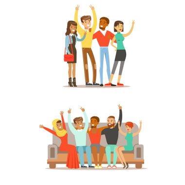 tudent arkadaşlar gelen tüm çevresinde dünya ve mutlu uluslararası dostluk vektör karikatür çizim