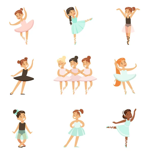 Little Girls Dancing Ballet In Classic Dance Class, Future Professional Ballerina Dancers — Stock Vector