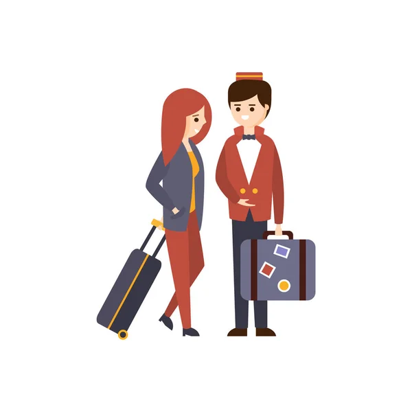 Bellhop ajudando uma convidada feminina com bagagem Hotel temático ilustração dos desenhos animados primitivos — Vetor de Stock
