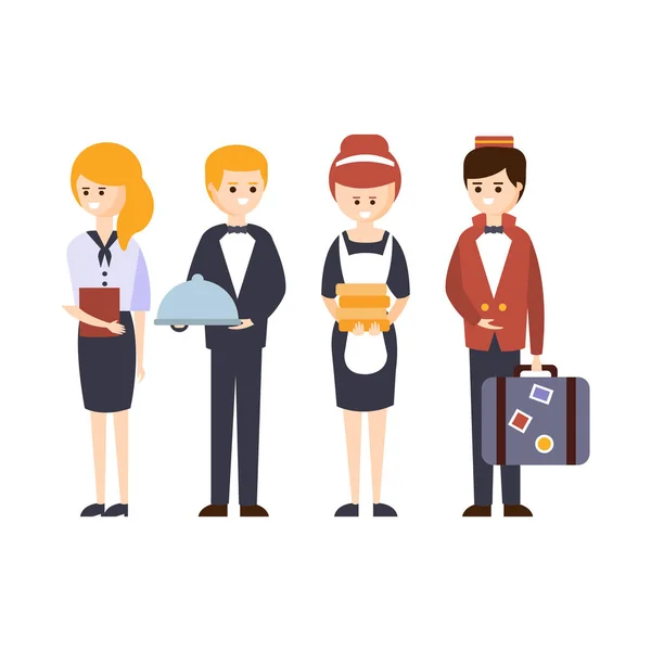 Hotel Staff, Waiter, Bellhop, Administrator And Maid Hotel Themed Primitive Cartoon Illustration — Stock Vector