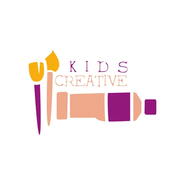 Logo promocional de la plantilla de la clase creativa de los niños con los símbolos del tubo de la pintura al óleo del arte y de la creatividad — Vector de stock