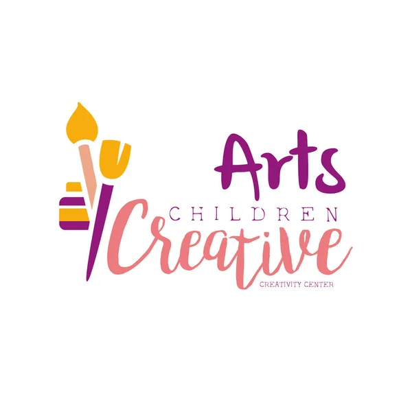 Logo promocional de la plantilla de la clase creativa de los niños con los pinceles y la botella de la pintura, símbolos del arte y de la creatividad — Vector de stock