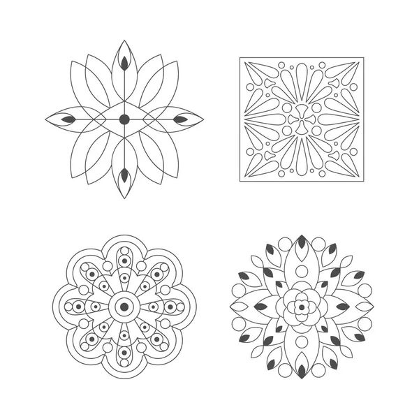 Regular Shape Four Doodle Ornamental Figures In Monochrome Colors For The Adult Coloring Book Set Of Illustrations — Stock Vector