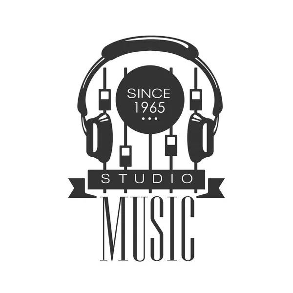 Music Record Studio Black And White Logo Template With Sound Recording Retro With Headphones And Console — Stock Vector