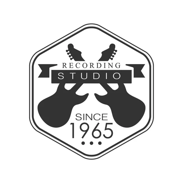 Hezagon frame music record studio schwarz-weiß Logo Vorlage mit Ton Aufnahme Retro-E-Gitarren Silhouetten — Stockvektor