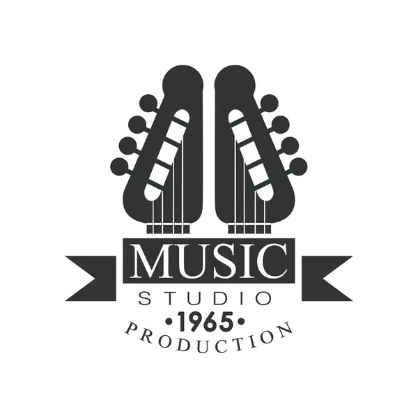 Muzyka rekord Studio czarno-białe Logo szablon z dźwięku Nagrywanie gitary Retro szpilki — Wektor stockowy