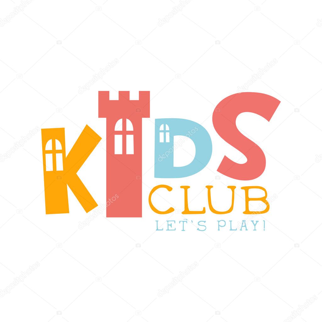 Kids Land Playground And Entertainment Club Colorful Promo Sign With Toy Castle For The Playing Space For Children. Vector Template Promotional Logo For The Entertaining Family Center.