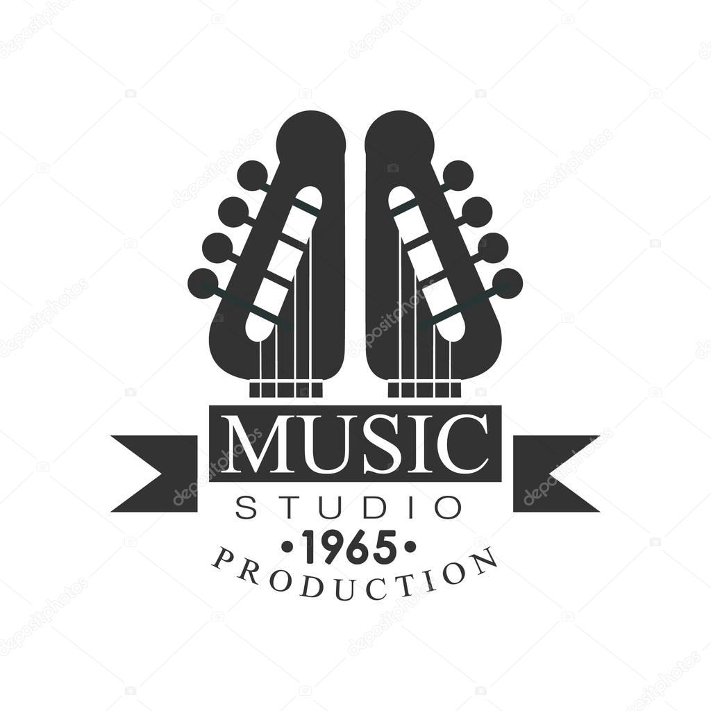 Music Record Studio Black And White Logo Template With Sound Recording Retro Guitar Pins. Musical Producing Label Vintage Monochrome Emblem With Text Vector Illustration.