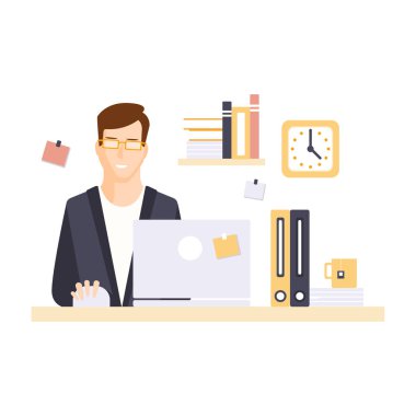Gülümseyen adam ofis çalışanı onun günlük rutin durum çizgi film karakteri olan Office odacık içinde içerik
