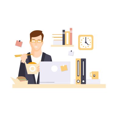 Adam ofis çalışanı onun günlük rutin durum çizgi film karakteri olan öğle yemeği yemeyi Office odacık içinde