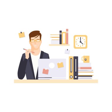 Düşünme adam ofis çalışanı onun günlük rutin durum çizgi film karakteri olan Office odacık içinde