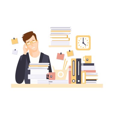 Adam ofis çalışanı onun günlük rutin durum çizgi film karakteri olan baş ağrısı ile Office odacık içinde