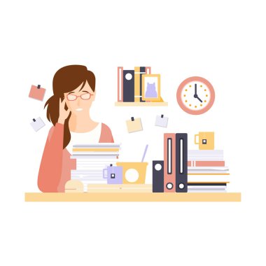 Günlük rutin durum çizgi film karakterine sahip çok fazla çalışma ile Office odacık içinde işçisi kadın ofis