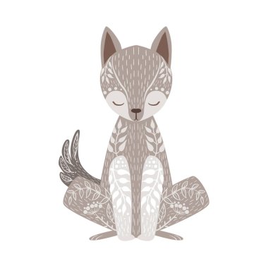 Wolf Relaxed Cartoon Wild Animal With Closed Eyes Decorated With Boho Hipster Style Floral Motives And Patterns
