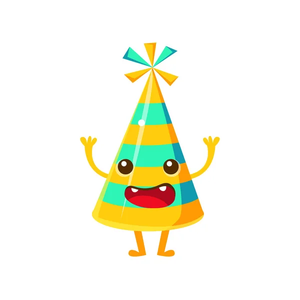 Cappello da festa a righe blu e gialle, personaggio del cartone animato del partito di compleanno e celebrazione felice — Vettoriale Stock