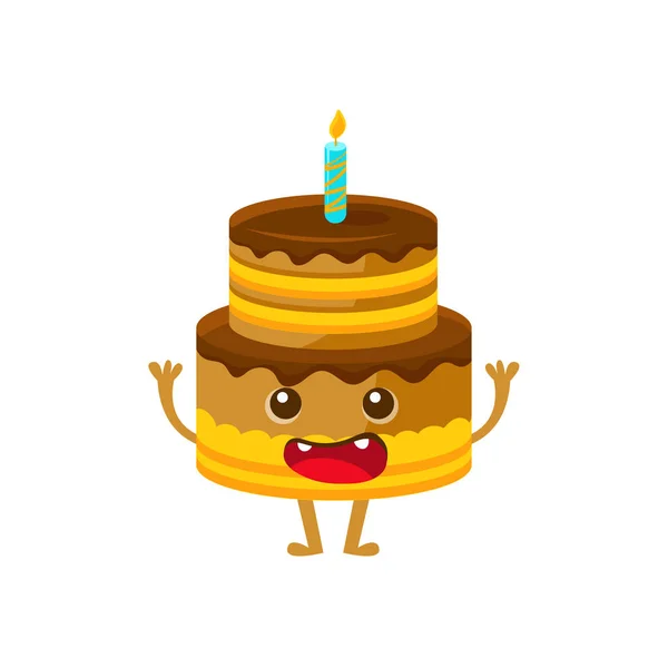 Torta di compleanno al cioccolato con candela, buon compleanno e festa di festa Simbolo Cartoon Character — Vettoriale Stock