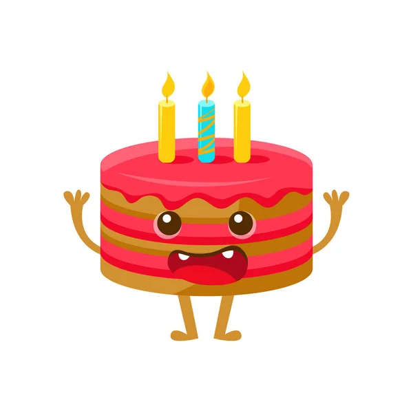 Bolo de aniversário com uma vela, feliz aniversário e festa de celebração símbolo personagem dos desenhos animados —  Vetores de Stock