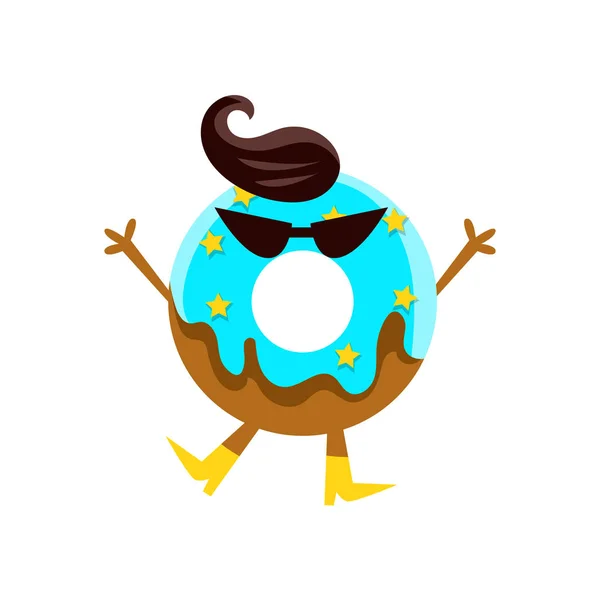 Donut humanizado com vidros azuis, óculos escuros e personagem de desenhos animados franja preta com braços e pernas — Vetor de Stock