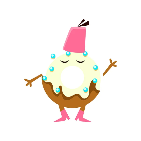 Donut humanizado con acristalamiento blanco Wering Fez sombrero personaje de dibujos animados con brazos y piernas — Vector de stock