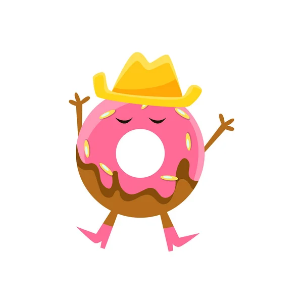Donut humanizado con acristalamiento rosa y personaje de dibujos animados sombrero de vaquero con brazos y piernas — Vector de stock