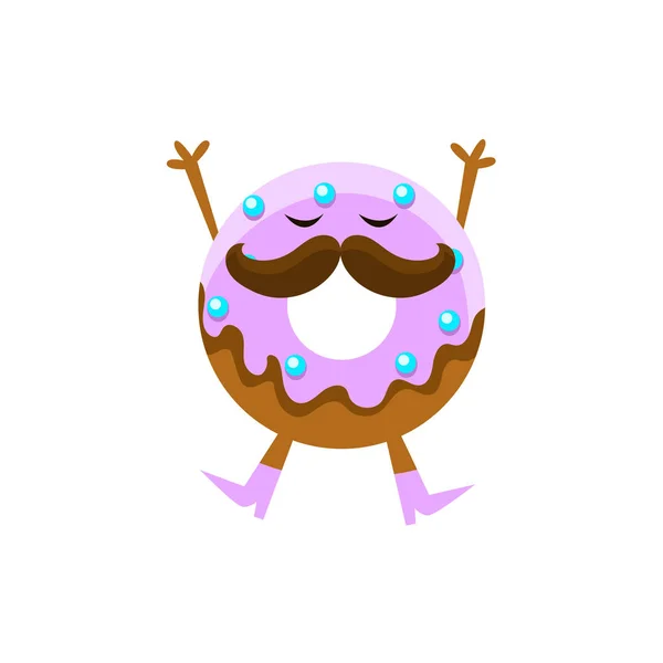 Beignet humanisé avec vitrage violet et personnage de dessin animé moustache avec bras et jambes — Image vectorielle